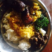 College memories...my favorite Khasi food Rice with dai, phansdhei (potato curry), dohshine (meat balls), dohjem (pork intestine), dohsnieng (pork curry), slamulli (radish leaves) turumbai (fermented soybean chutney) at mylliem village